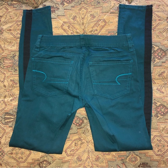 American Eagle Size 2 Tuxedo Pants Teal w/ Black Stripe Low Rise Skinny Jegging - Picture 3 of 7
